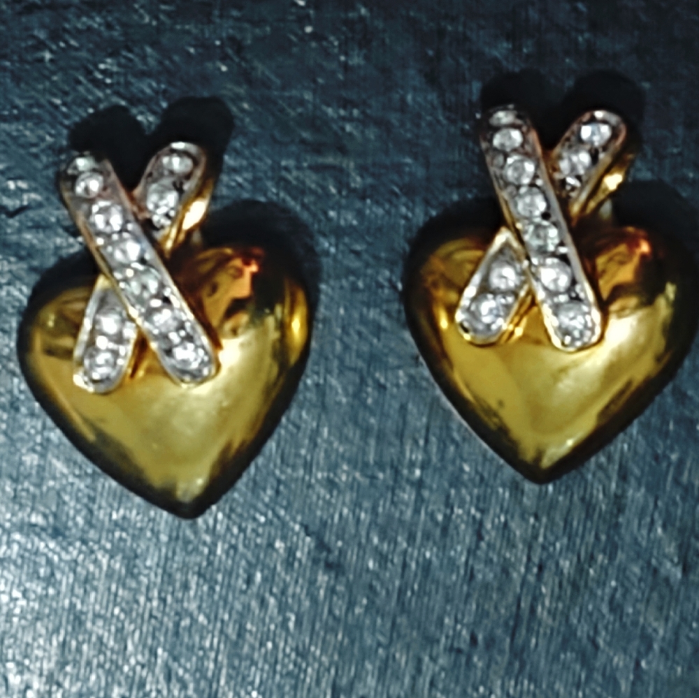Vintage Gold-Plated Heart and Rhinestone X Earrings
